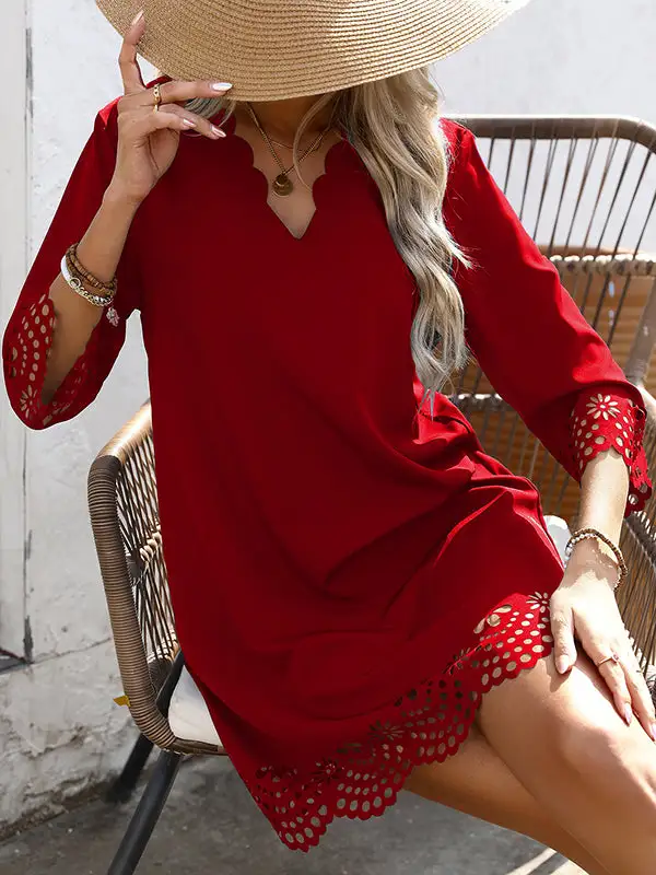 A Line Relaxed Hollow Solid Color V Neck Mini Dress