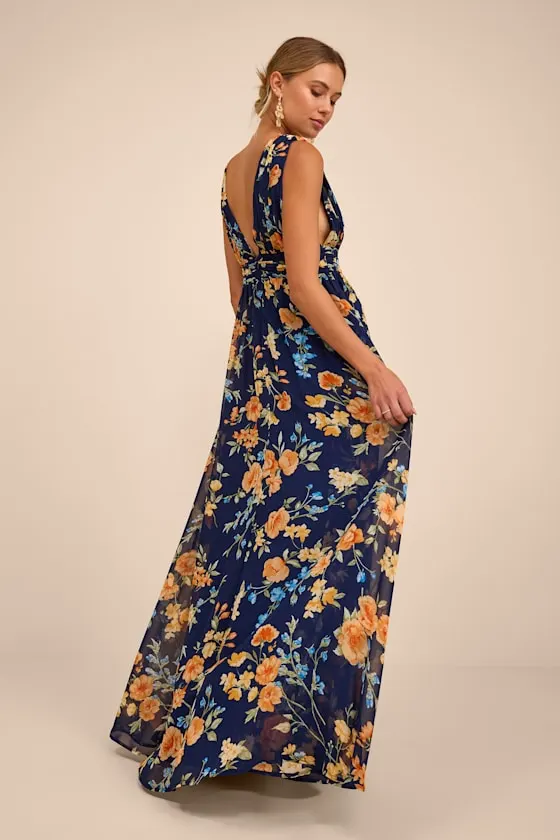 Heavenly Hues Dark Blue Floral Maxi Dress