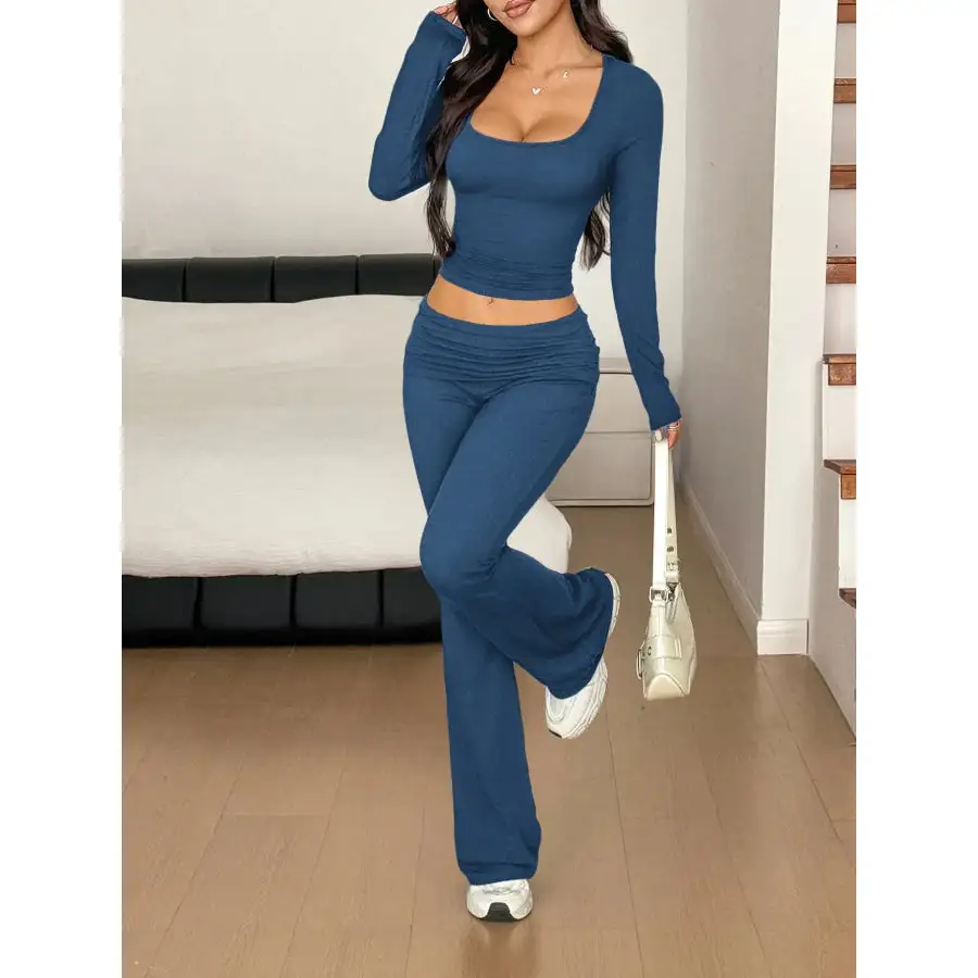 Long Sleeve Crop Top and Bootcut Pants Set