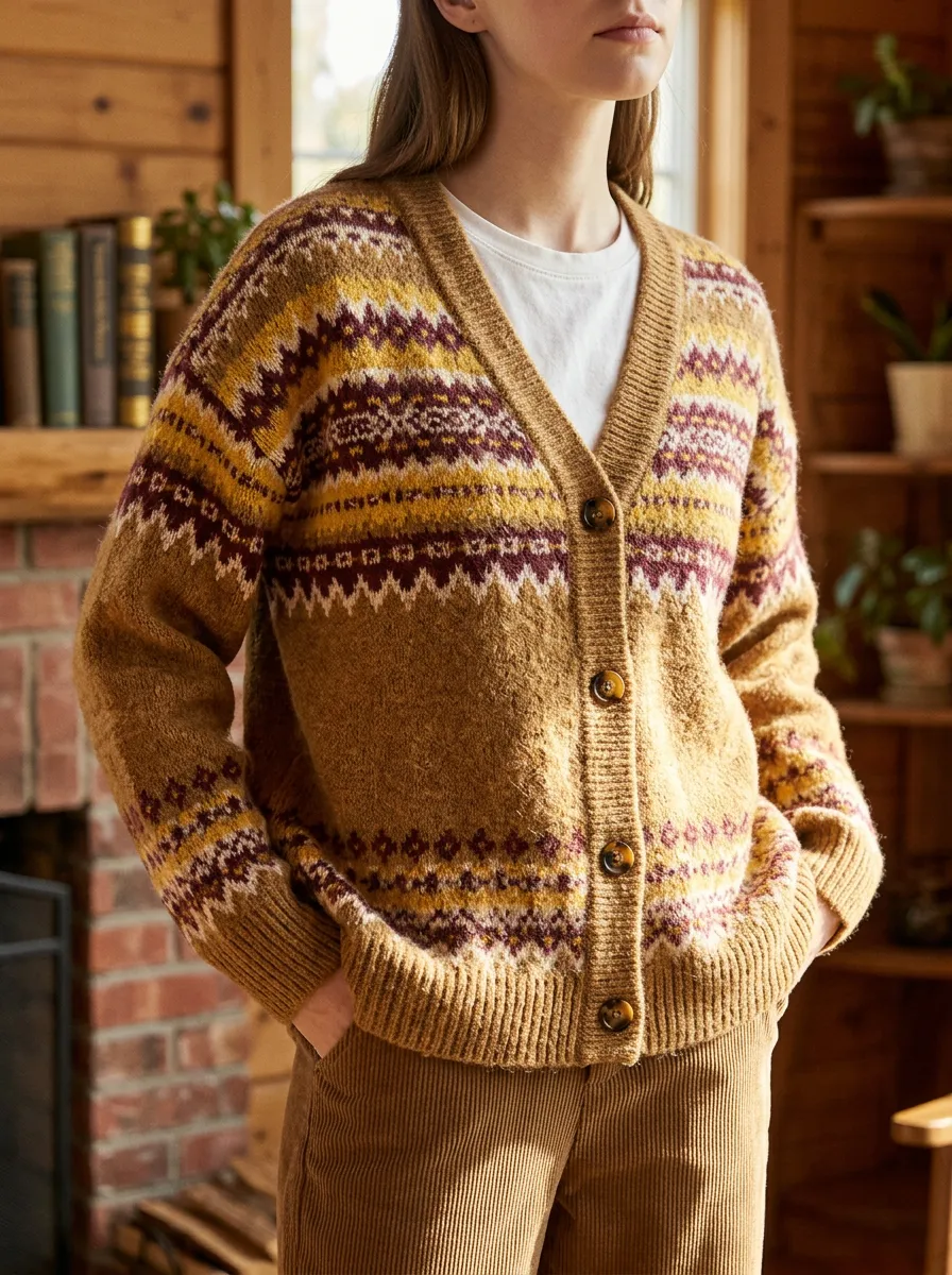 Women's Vintage Style Fair Isle Pattern Printed Long Sleeve Weekend Layering Cardigan