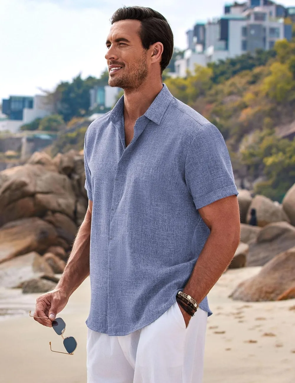 Men's Linen Shirts Short Sleeve Casual Shirts Button Down Shirt for Men Beach Summer Wedding Shirt