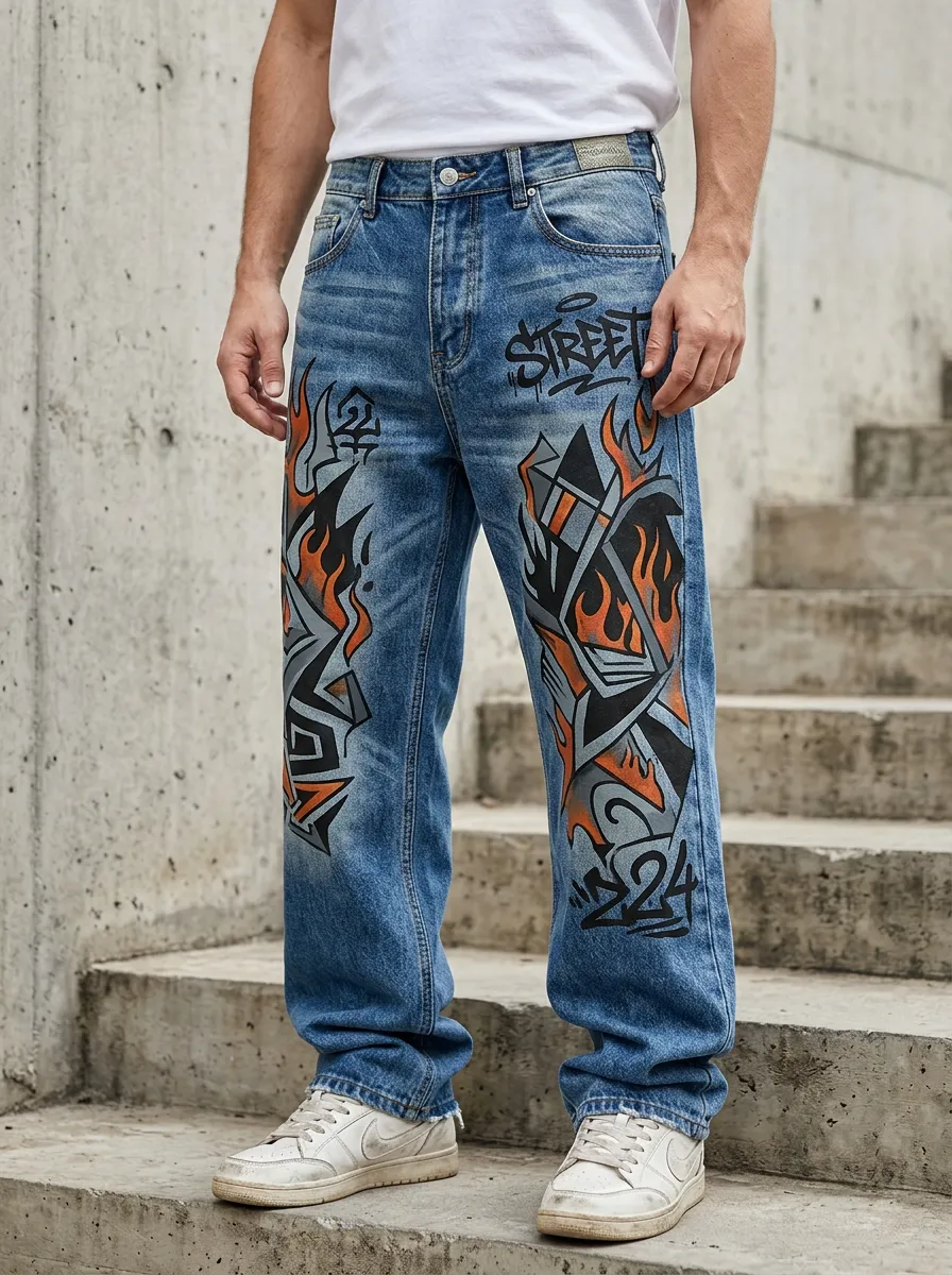 Men's Streetwear Graffiti Flame Jeans