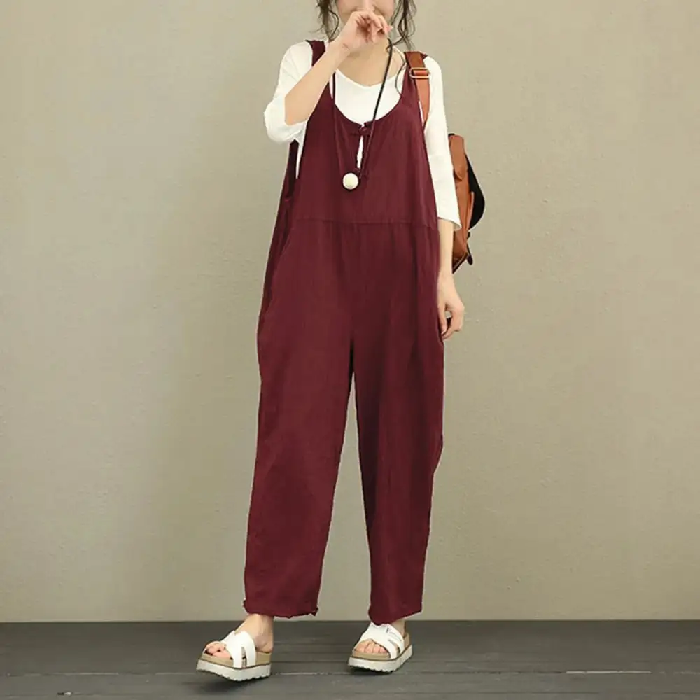Boho Comfort Wide-Leg Suspender Cotton Jumpsuit