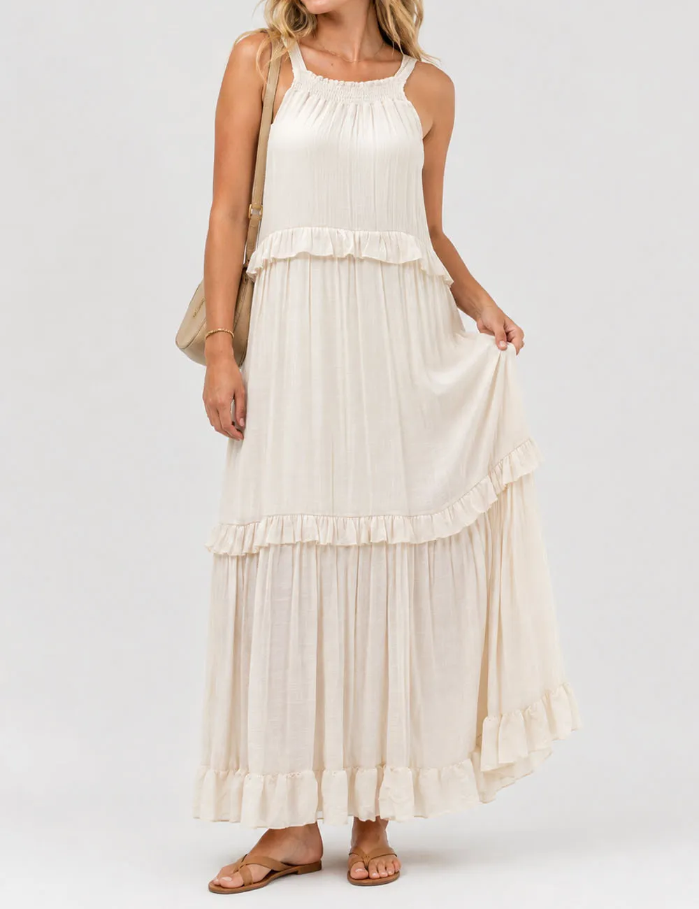 Boho Ruffle Tiered Hem Sleeveless Solid Color Maxi Dress