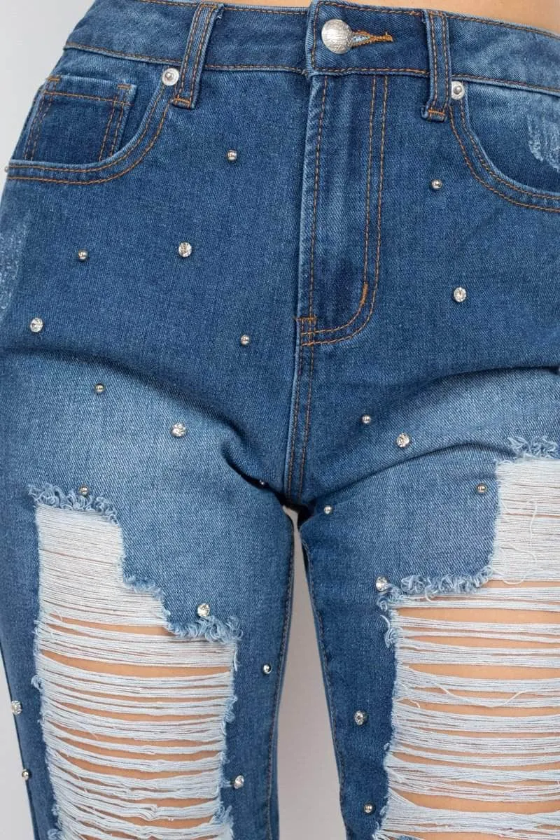 Ripped Rhinestone Denim Jeans