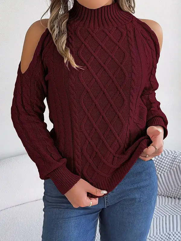 Openwork Cold Shoulder Long Sleeve Relaxed Fit Pullover Sweater
