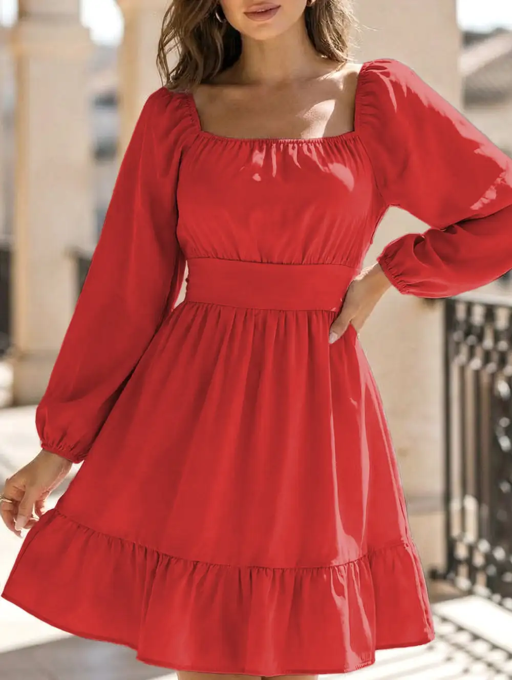 Square Neckline Ruffled Tie Up Short Dress