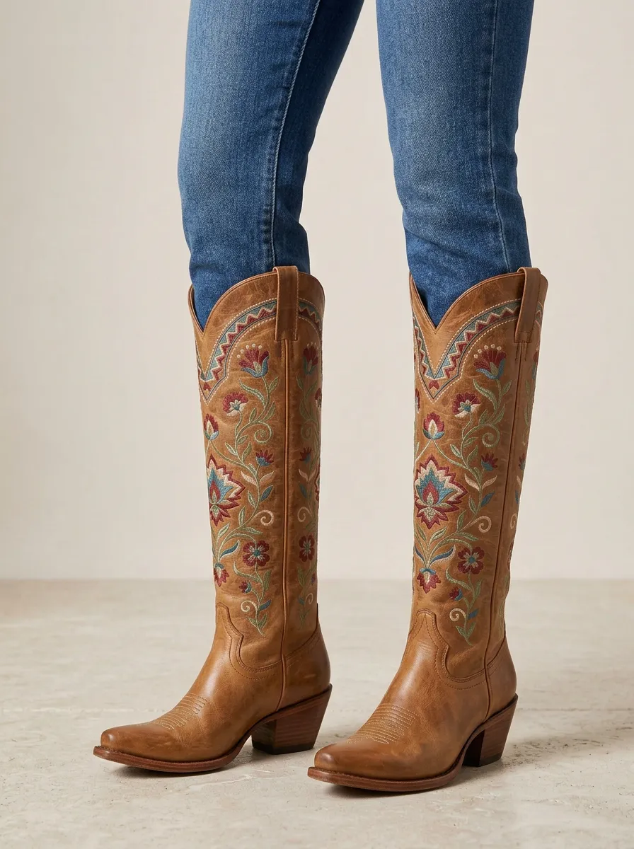 Women's Western Floral Wing Embroidered Pointed-Toe Block-Heel Stacked-Heel Denim Over-the-Knee Boots