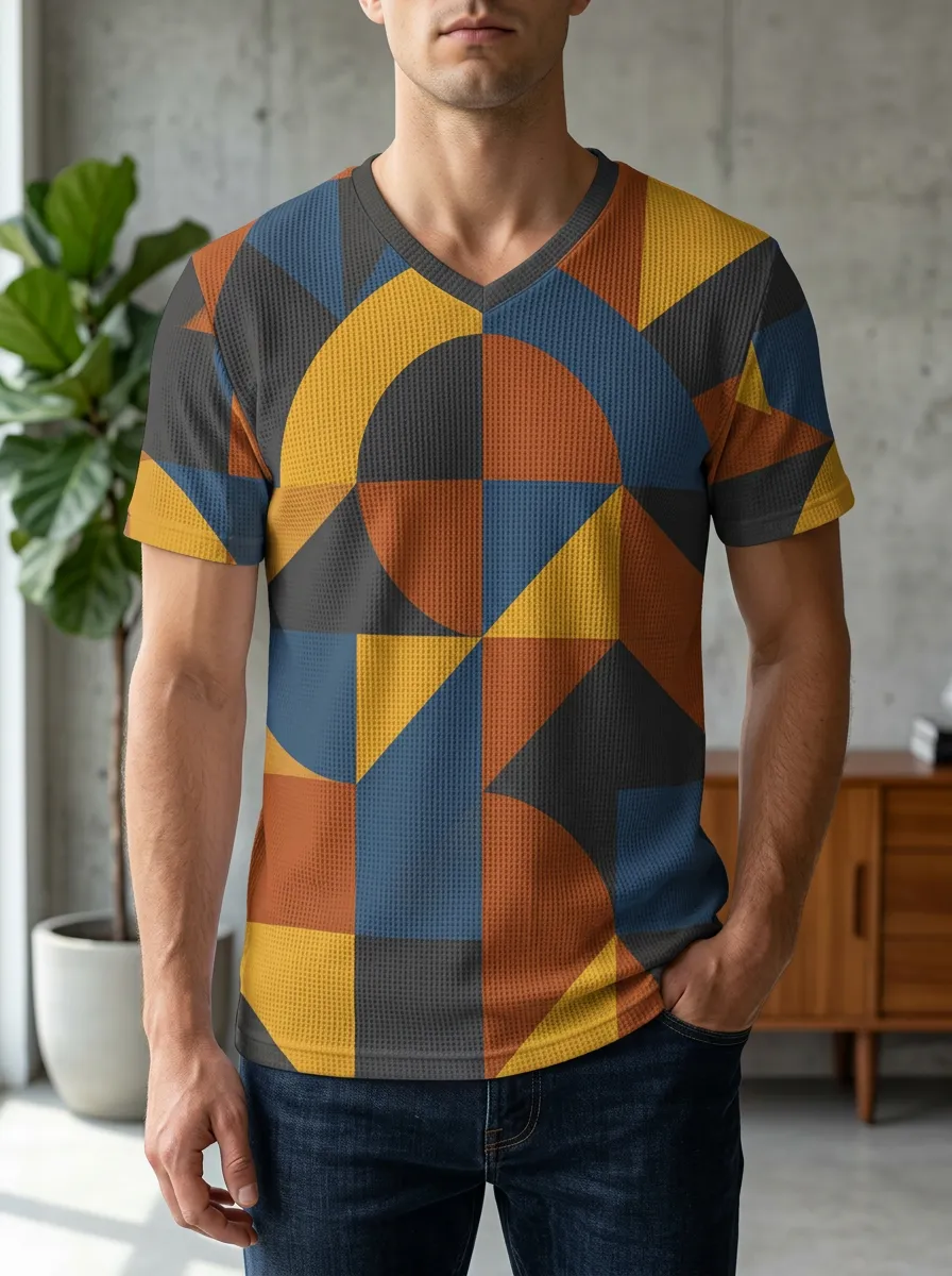 Men's Dynamic Geometric Abstract Pattern V-Neck T-Shirt