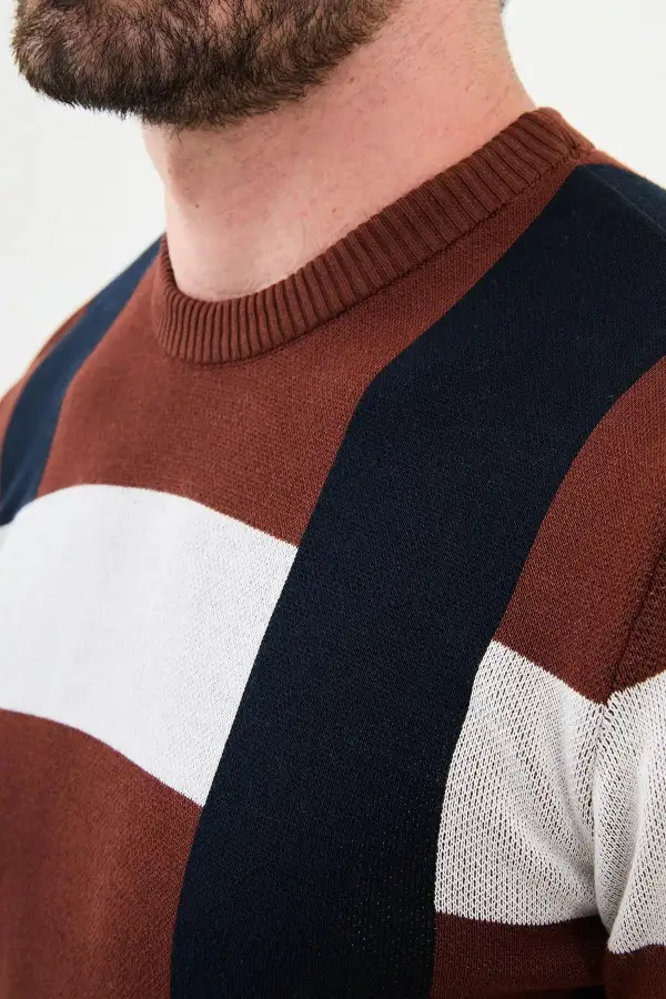 Contemporary Patterned Crew Neck Knit Sweater