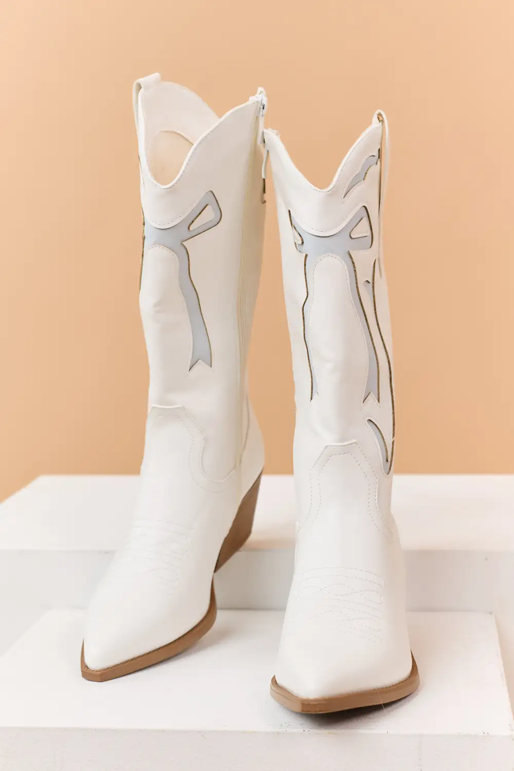 Ivory and Powder Blue Faux Leather Western Style Boots