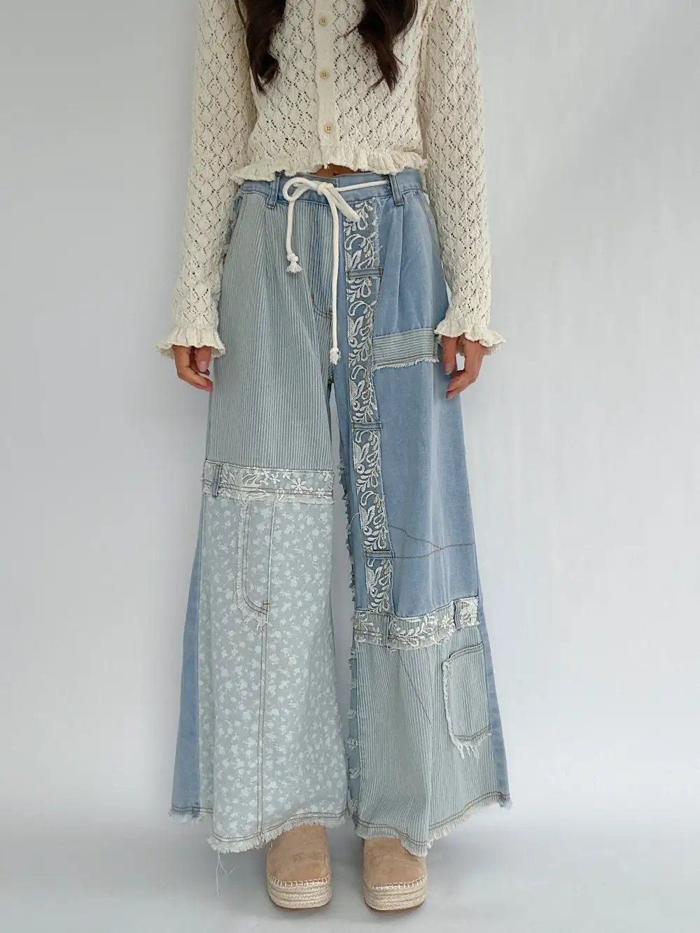 Mixed Denim Wide Leg Pants