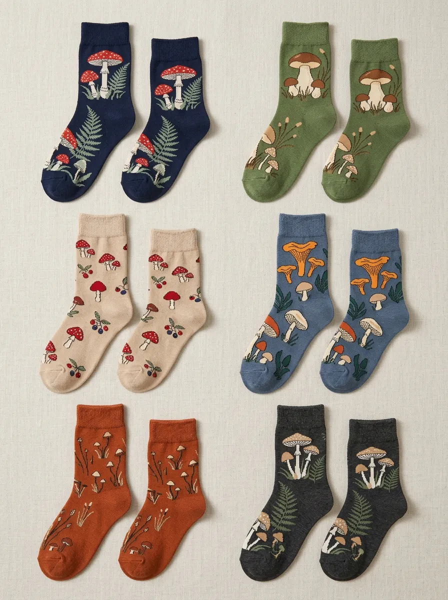 Women's Forest Mushroom Jacquard Mid Calf Crew Socks Six Pair Set