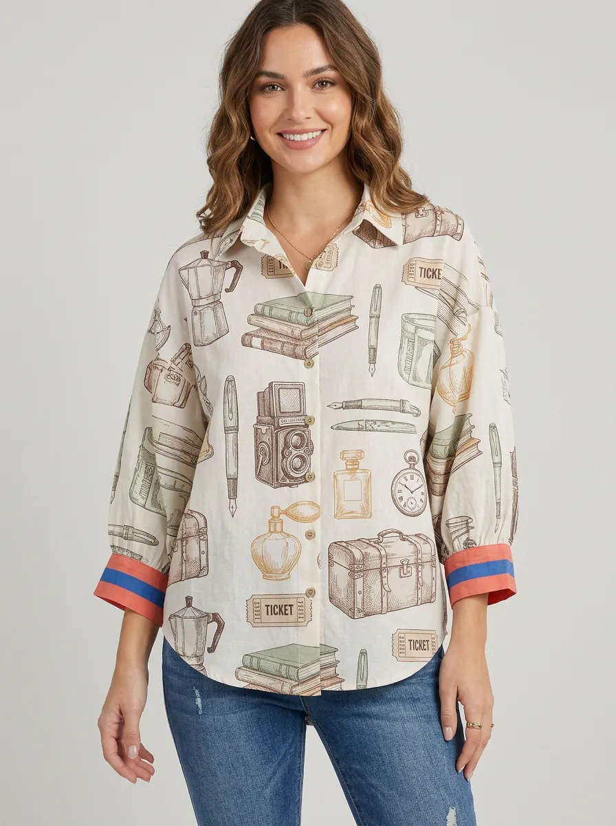 Women's Vintage Travel Stationery Printed Button-up Shirt