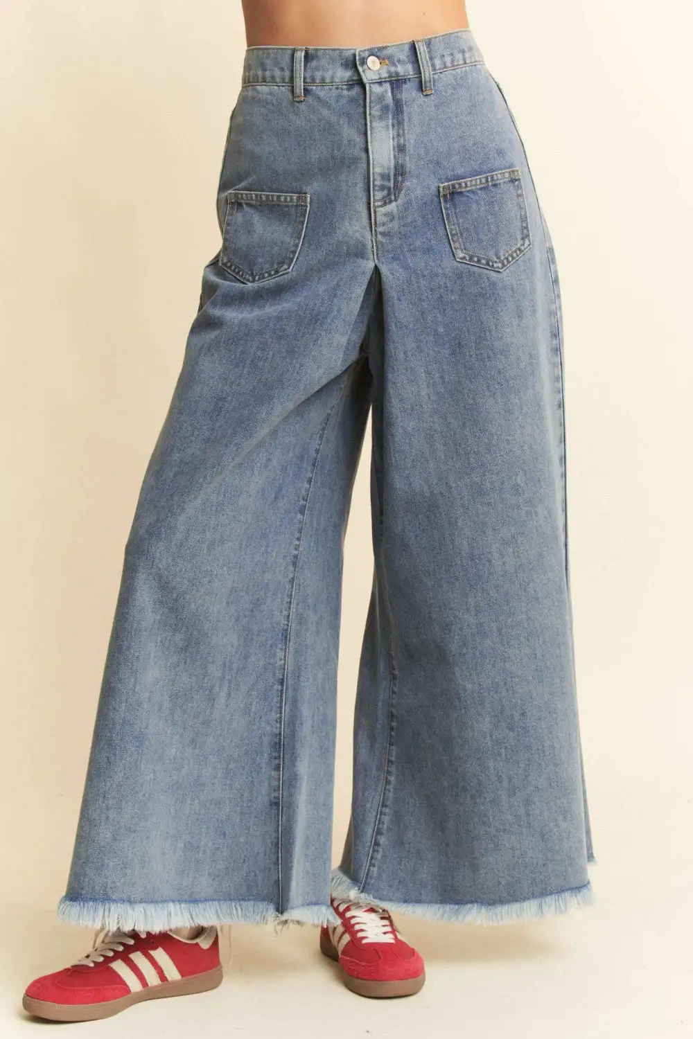 Patch Pocket Wide Leg Culotte Denim Jeans