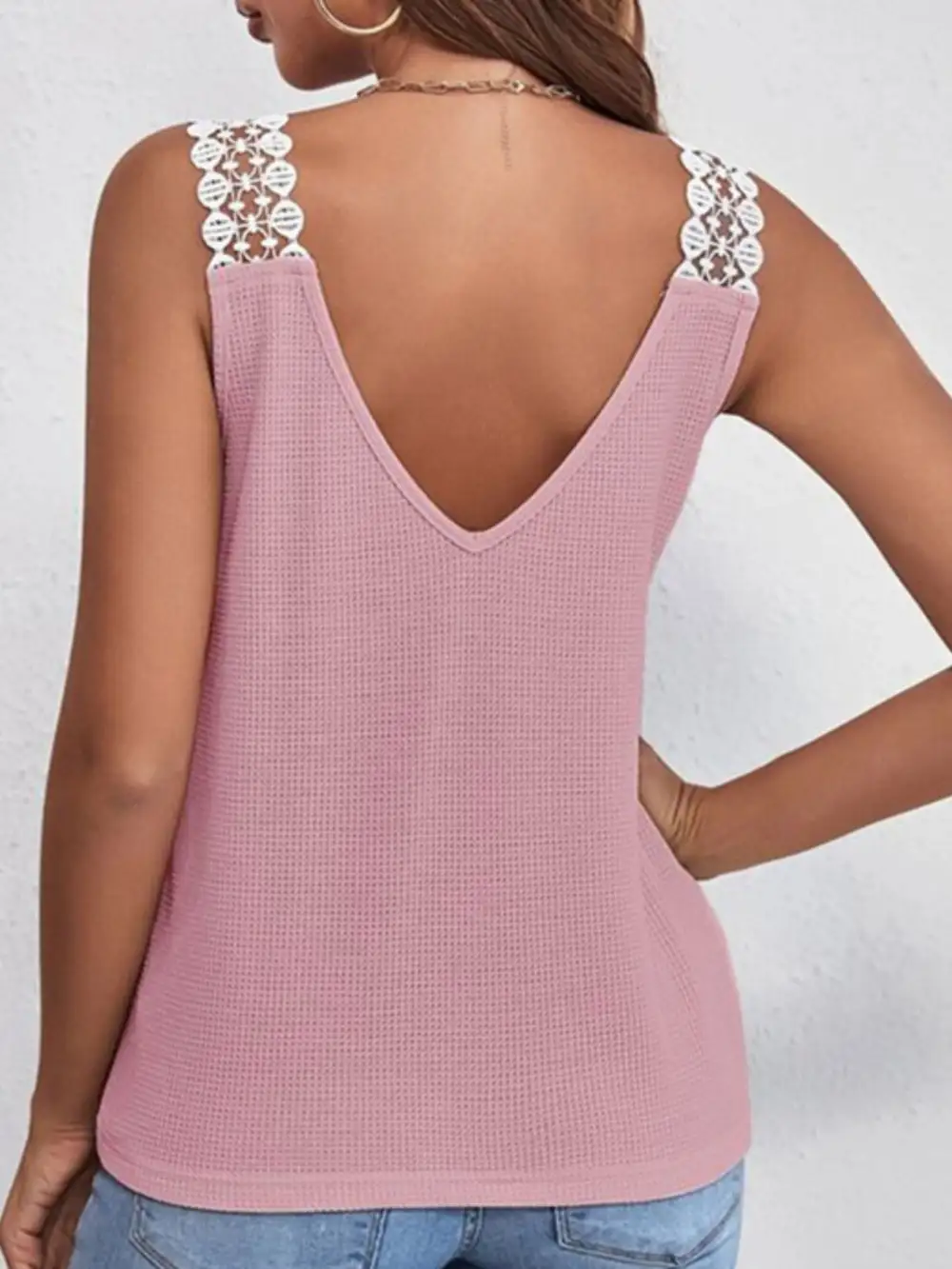 Full Size Lace Trim V Neck Waffle