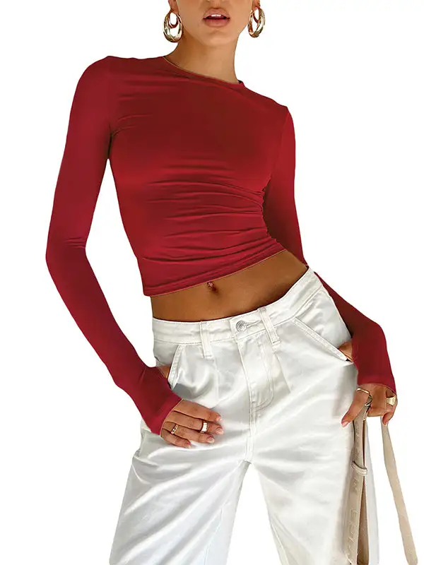 Long Sleeve Slim Fit Cutout Round Neck T-Shirt