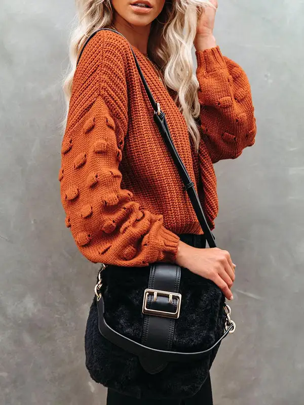 Openwork Round Neck Long Sleeve Relaxed Fit Pullover Sweater