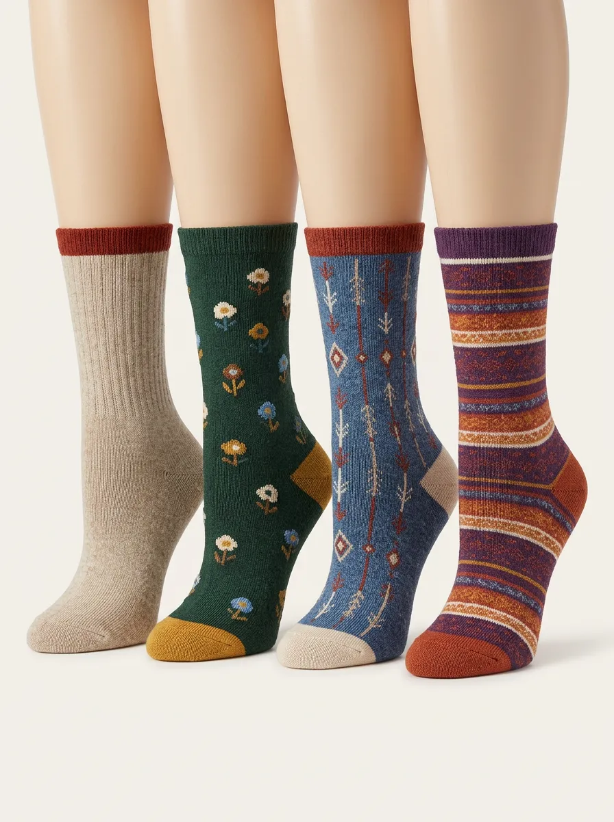 Playful Geometric Floral Vintage Four-Pair Casual Socks
