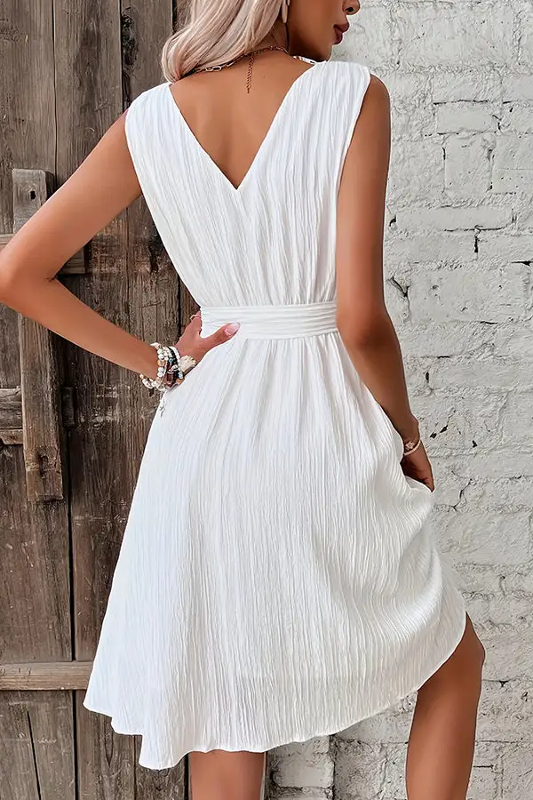 Neck Solid Color Tie Waist Casual Dress