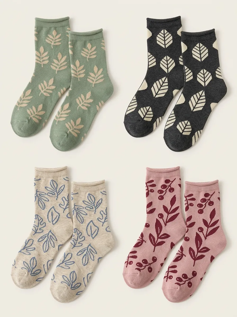 Women's Botanical Leaf Roll Edge Socks Four Pair Set