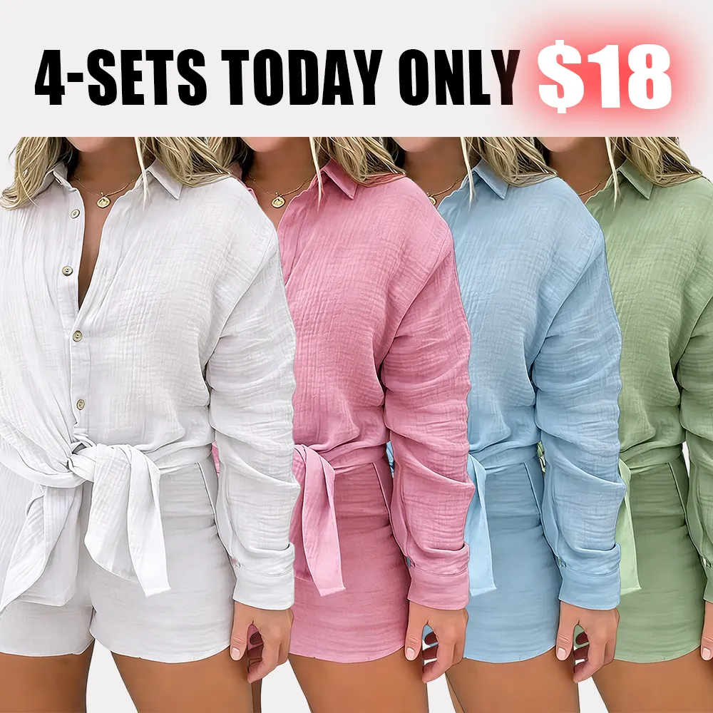 Women 2 Piece Outfits Long Sleeve Blouse and Shorts Sets