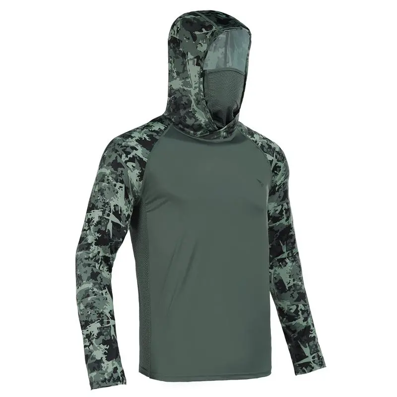 Men UPF 50+ UV Sun Hoodie Shirts with Mask Neck Gaiter  Protection Raglan Long Sleeve Lightweight Quick Dry Moisture Wicking Breathable Cooling Athletic Activewear