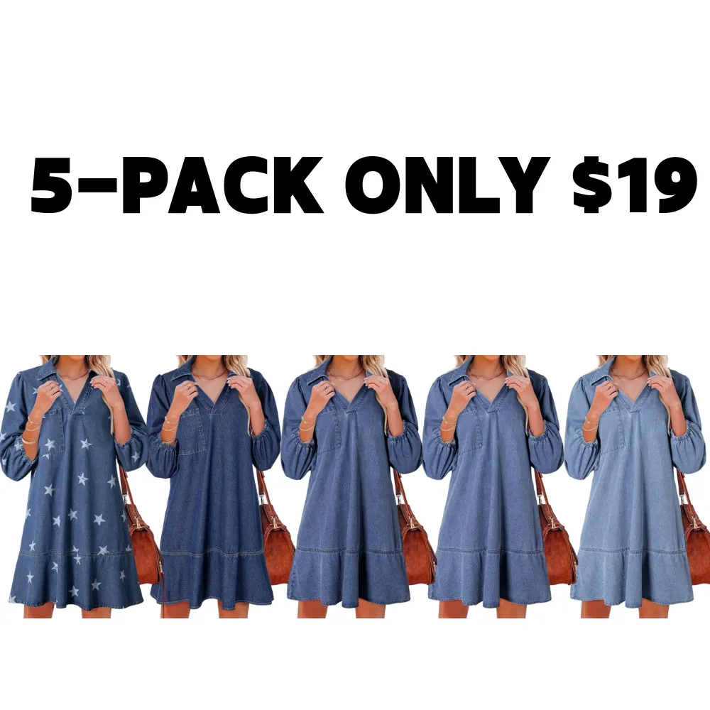 Women Fashion Fall Casual Babydoll 2025 V Neck 3/4 Puff Sleeve Jean Dresses
