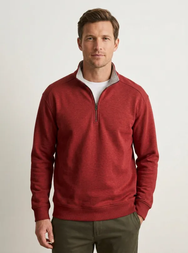 Men's Minimalist Textured Raglan Embroidered Emblem Stand-Collar Quarter-Zip Sweatshirt