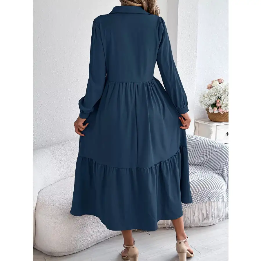 Long Sleeve Tiered Button Front Midi Dress