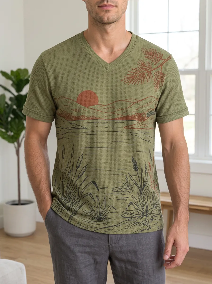 Men's Nature Landscape Sunset Pine Printed V-Neck T-Shirt
