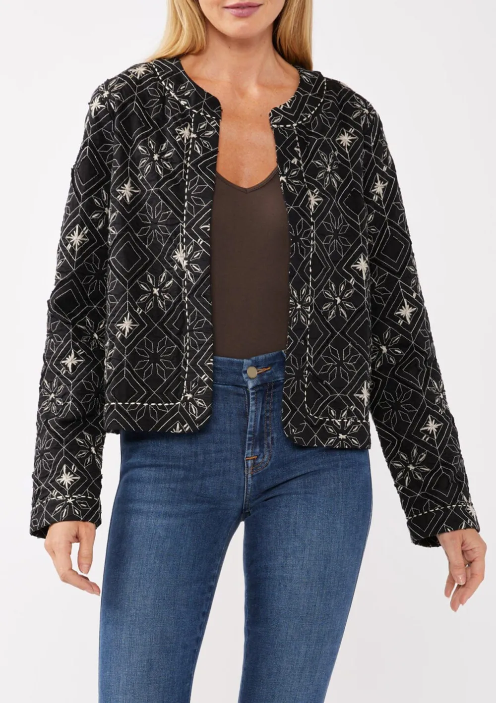 Embroidered Open Front Cropped Jacket