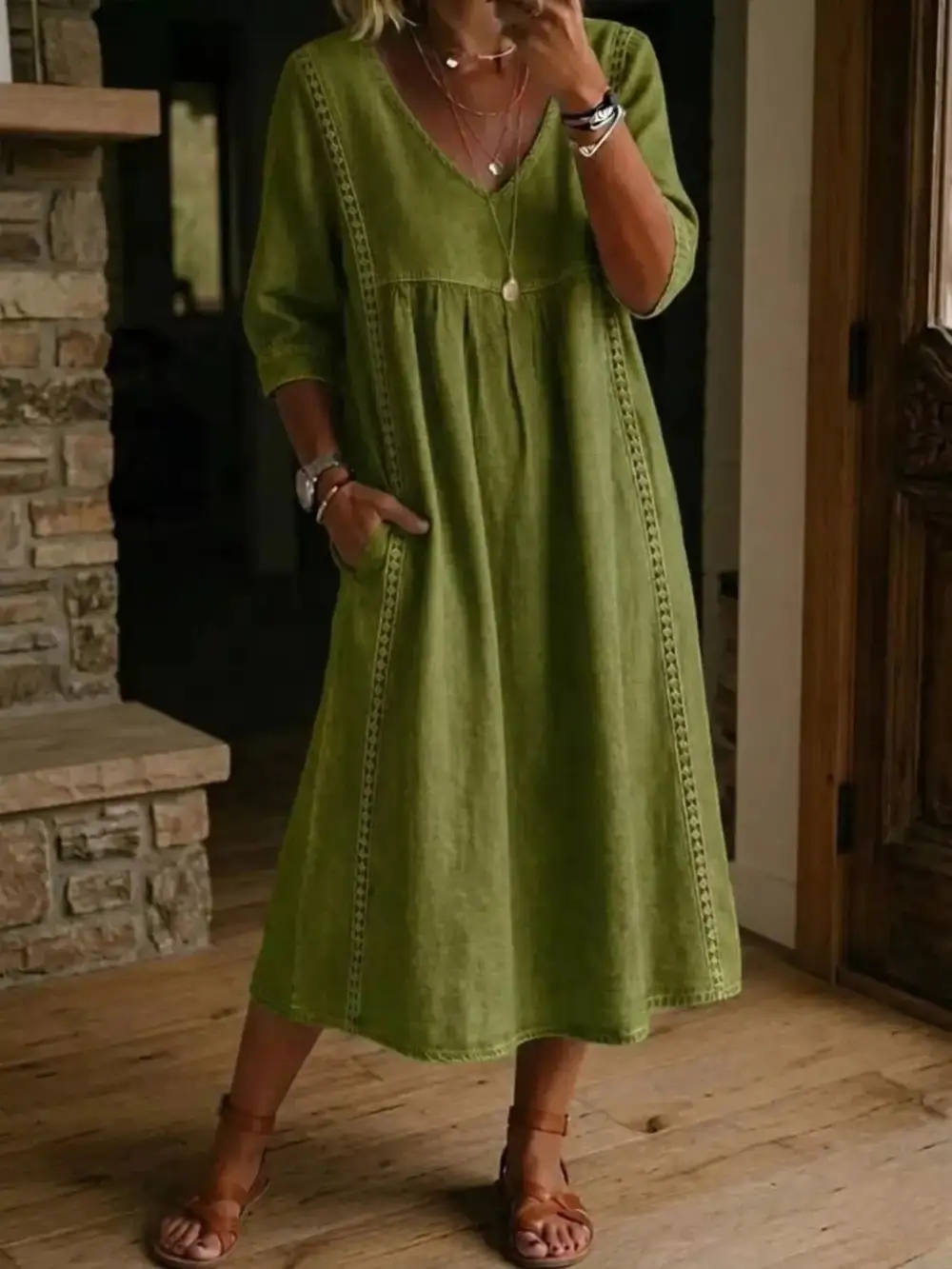 V-Neck Three Quarter Sleeve Pocketed Midi Dress