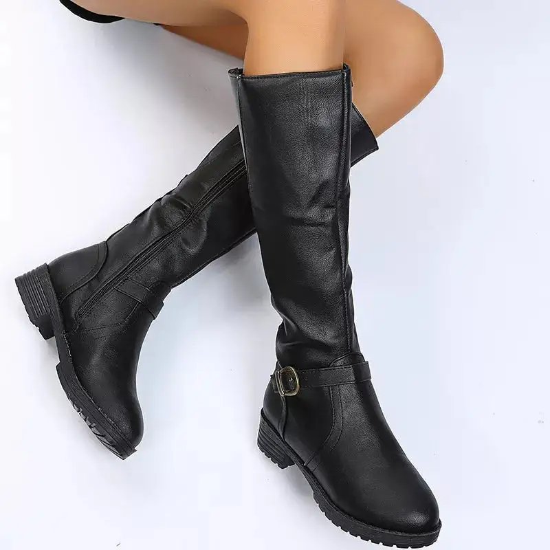 Polished Round Toe Block Heels Boots