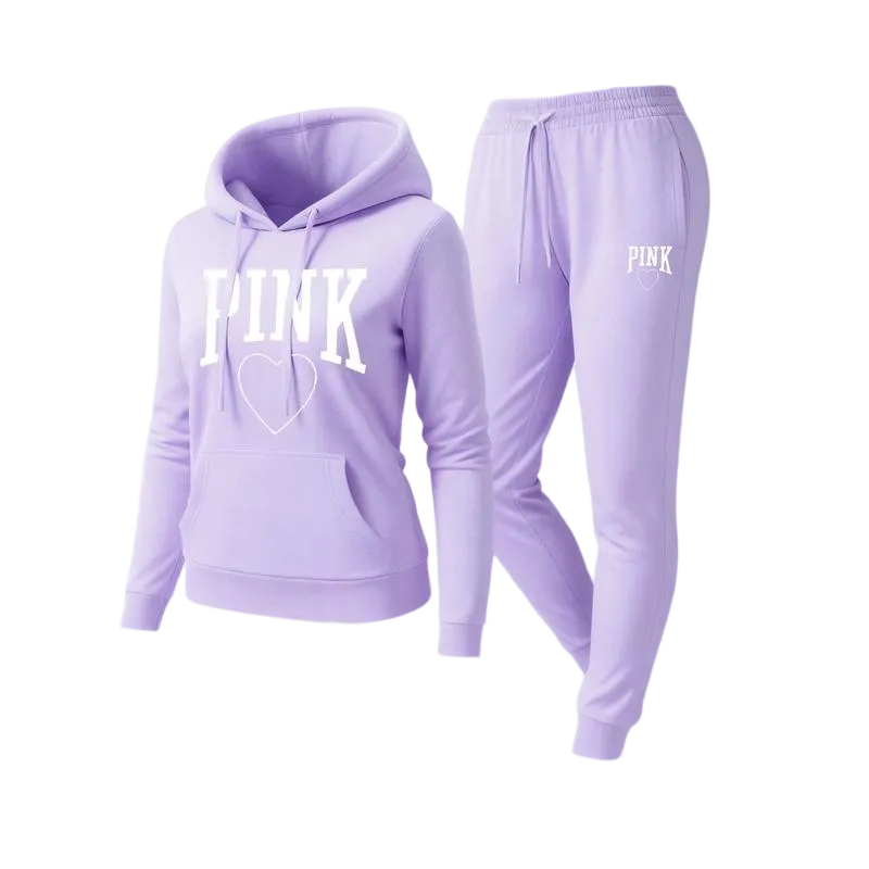 Women's Pink Heart Print Hair And Sunglasses Hoodie And Drawstring Track Pants Set