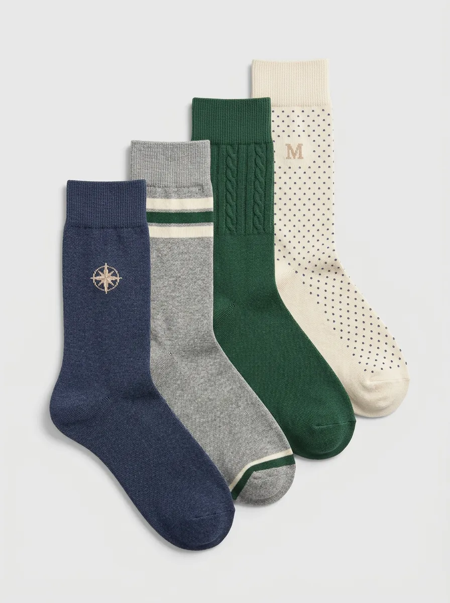 Compass Motif Striped Polka Dot Ribbed Texture Men's Crew Socks Four-Pair Pack