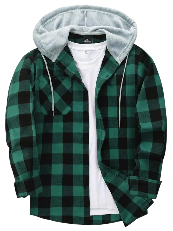 Men's Plaid Print Button Front Drawstring Hooded Shirt, Regular Fit Casual Long Sleeve Pocket Top, Men's Clothes for Daily Wear