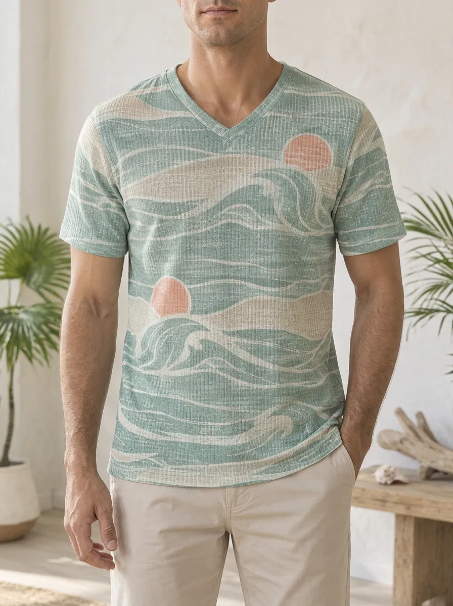 Men's Ocean Sunset Wave Pattern Printed V-Neck T-Shirt