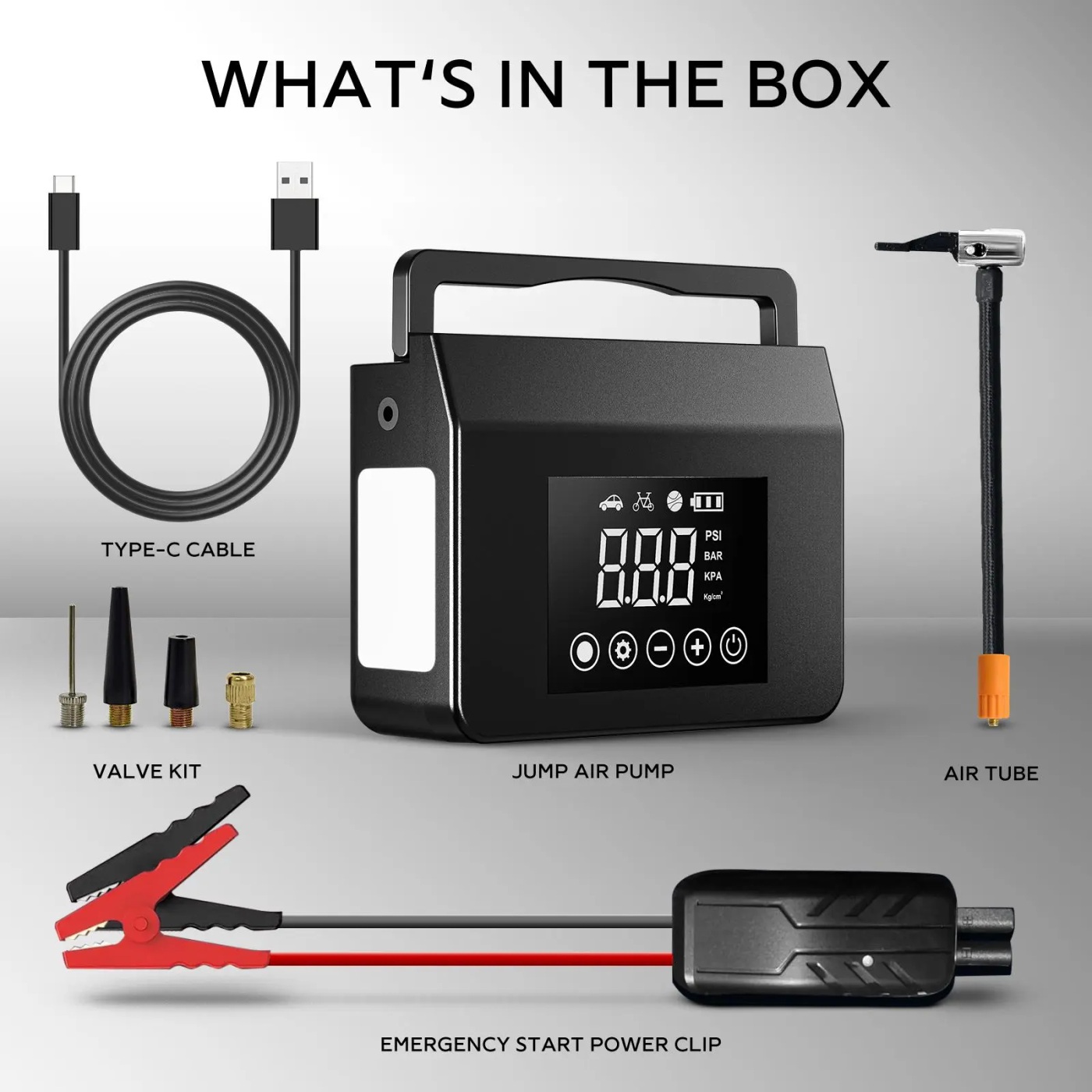 Standard kit: main unit, smart jumper clamps, USB-C cable, inflation hose and valve adapters