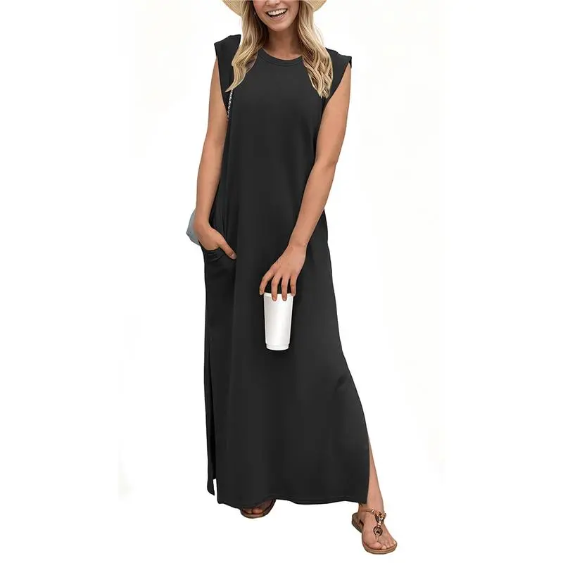 6PACK-Summer Round Neck Casual Loose Split Wrinkle-Free Long  Dress