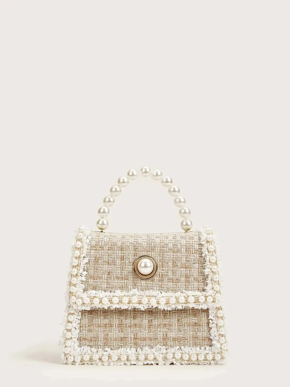 Elegant Faux Pearl Decor Tweed Satchel Bag