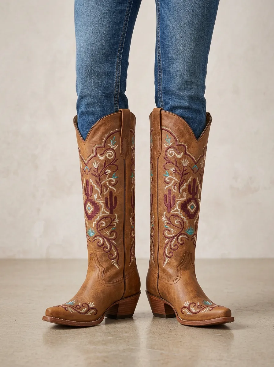 Women's Western Cactus Floral Wing Geometric Turquoise Embroidered Denim Over-the-Knee Boots