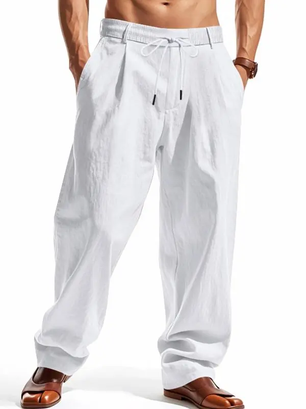 Men’s Solid Color Linen Pants – Casual Wide-Leg Regular Fit Trousers for Spring & Fall