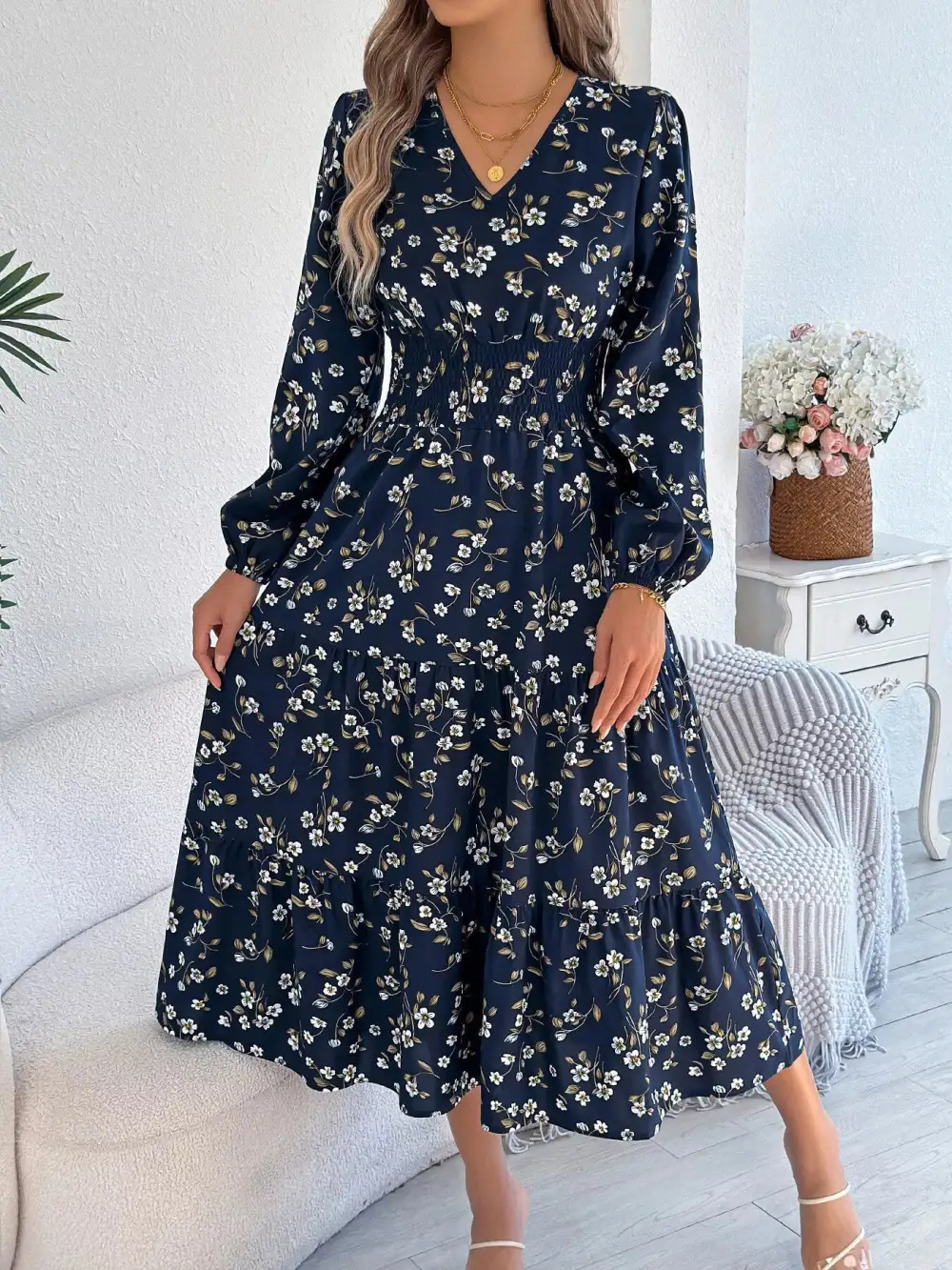 Structured Shape Floral Printed V Neck Midi Dress