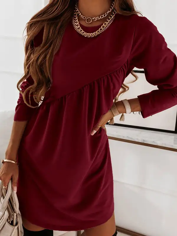 Casual Relaxed Long Sleeve Solid Color Round Neck Mini Dress