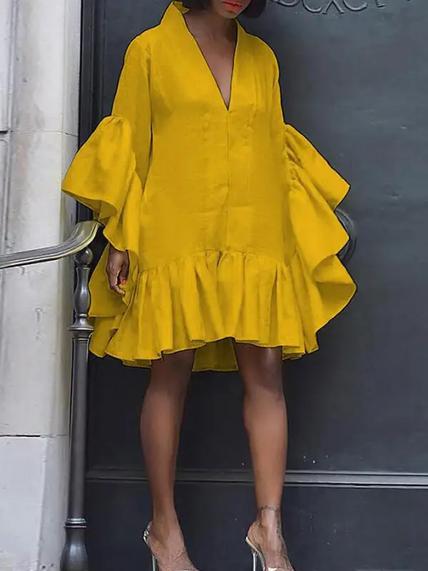 Flared Sleeve Relaxed Pleated Solid Color Split Joint V Neck Mini