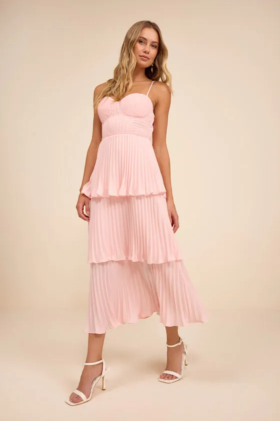 Cascading Crush Light Blue Tiered Bustier Midi Dress