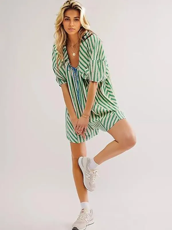 Short Sleeved Striped Jumpsuit Slim Loose Shorts