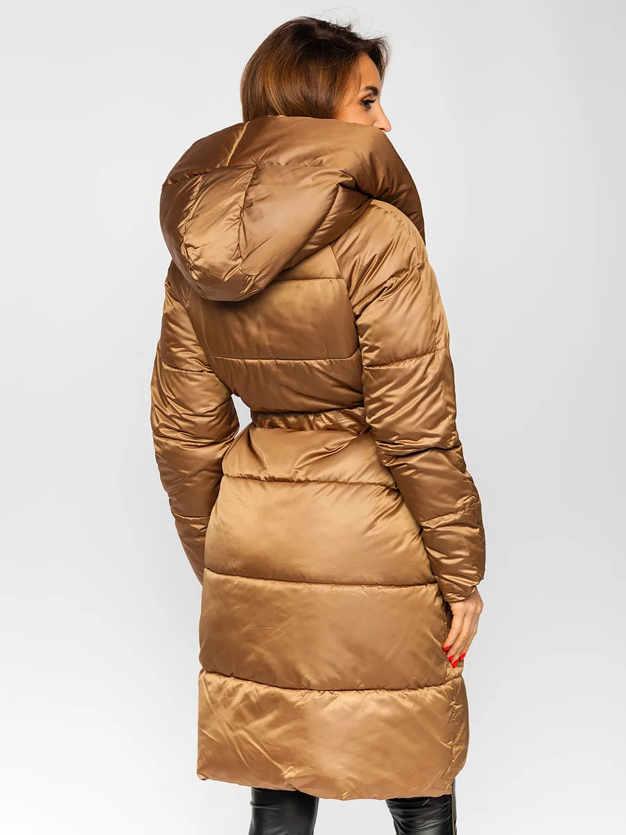 Camel women's long quilted winter jacket with hood