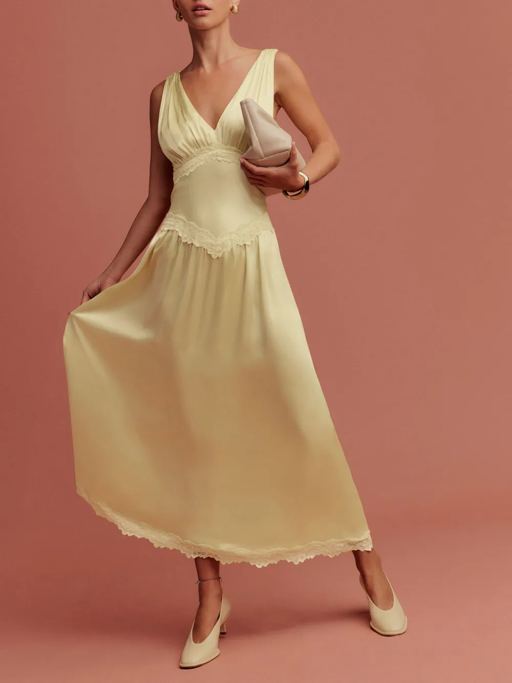 V Neck Lace Hem Silk Midi Dress